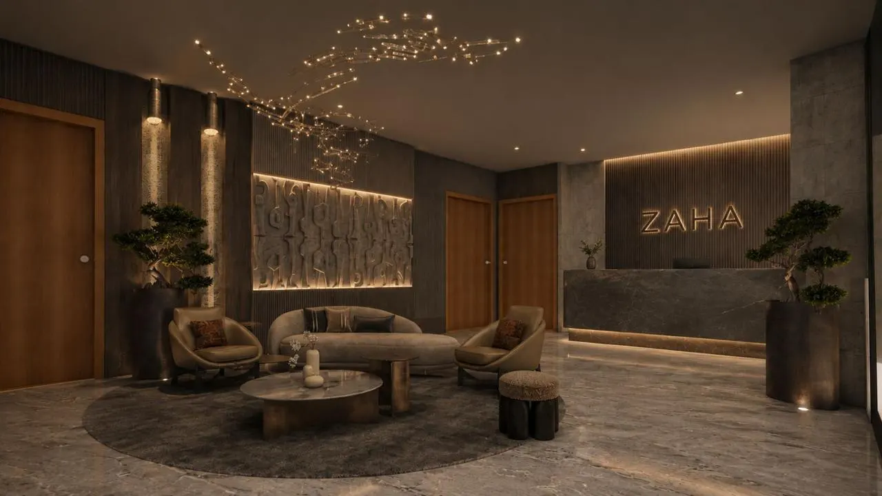 Render del lobby del edificio Zaha